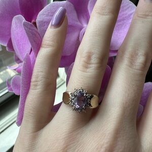 SOLID YELLOW GOLD GENUINE AMETHYST AND DIAMOND RING